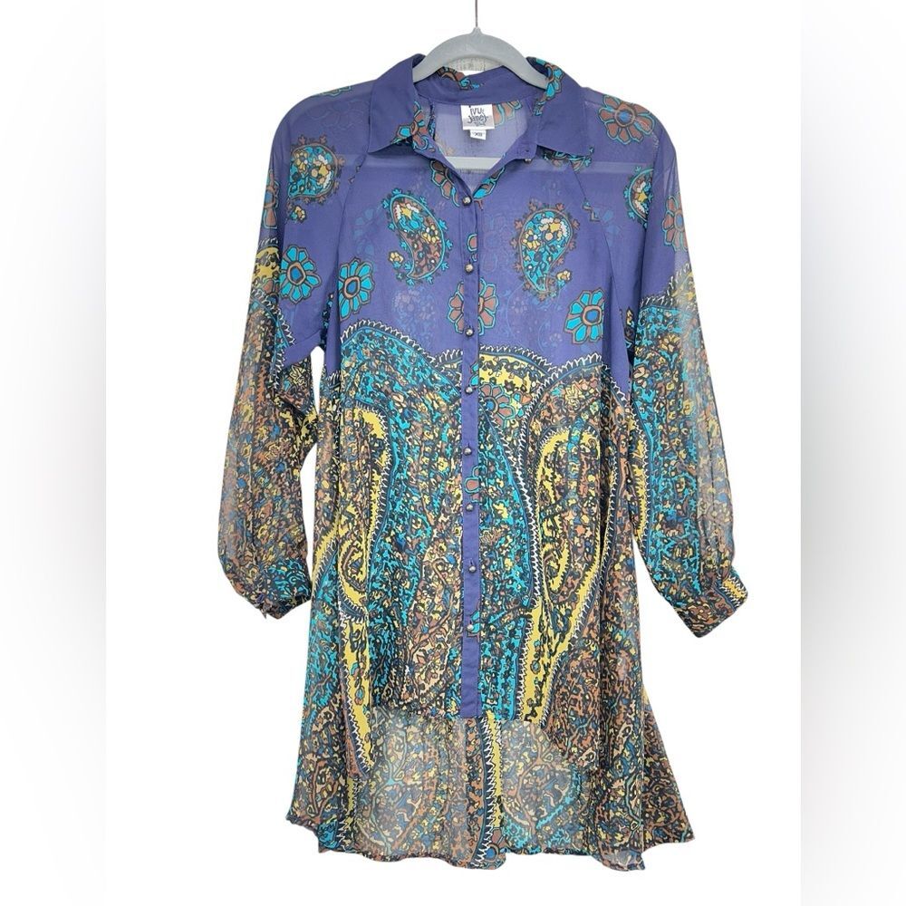 Ivy Jane Paisley Bohemian Purple Blue Button Down Tunic Womens XS